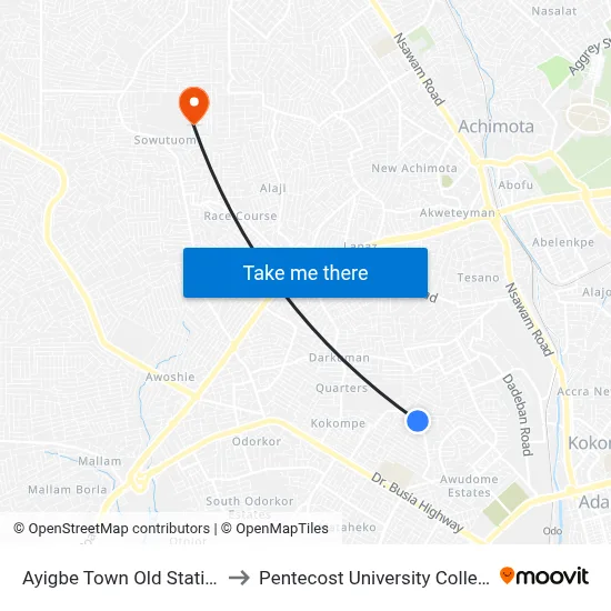 Ayigbe Town Old Station to Pentecost University College map