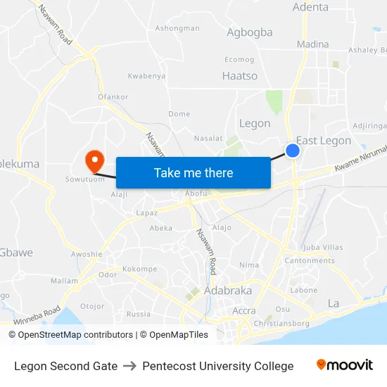 Legon Second Gate to Pentecost University College map