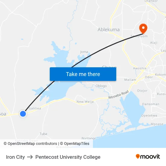 Iron City to Pentecost University College map