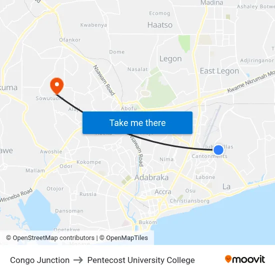 Congo Junction to Pentecost University College map