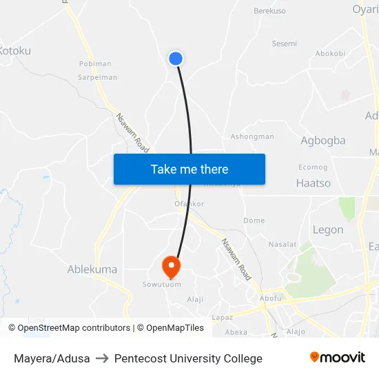 Mayera/Adusa to Pentecost University College map