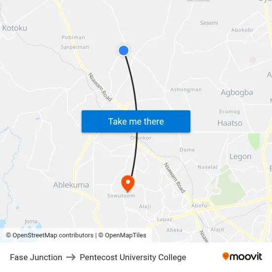 Fase Junction to Pentecost University College map