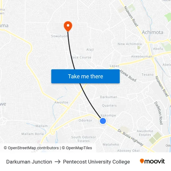 Darkuman Junction to Pentecost University College map