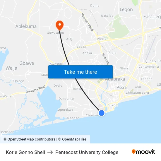 Korle Gonno Shell to Pentecost University College map
