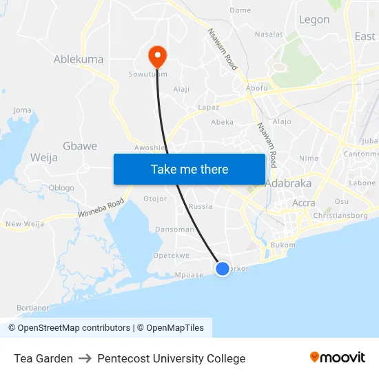 Tea Garden to Pentecost University College map