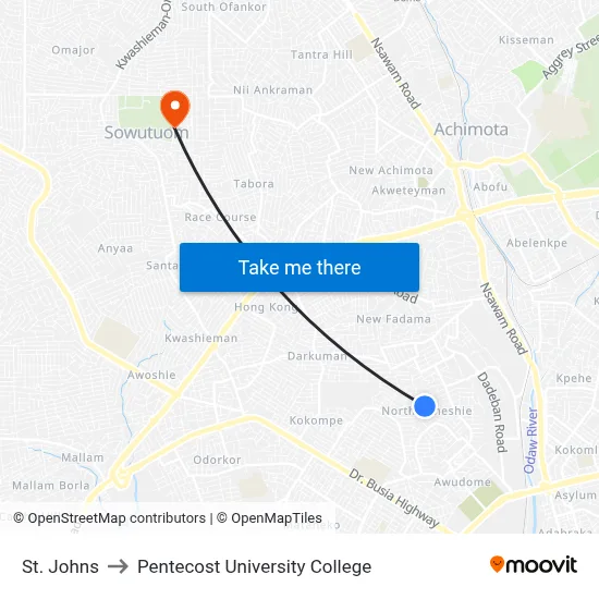 St. Johns to Pentecost University College map