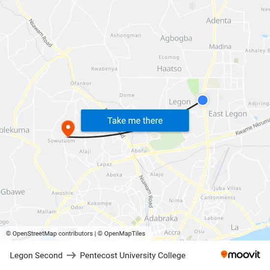 Legon Second to Pentecost University College map