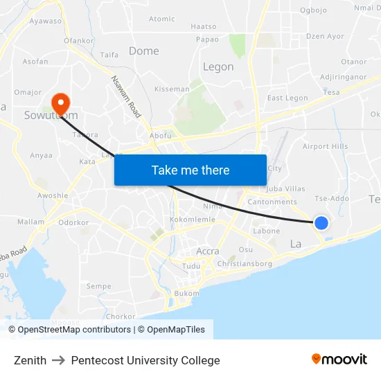 Zenith to Pentecost University College map
