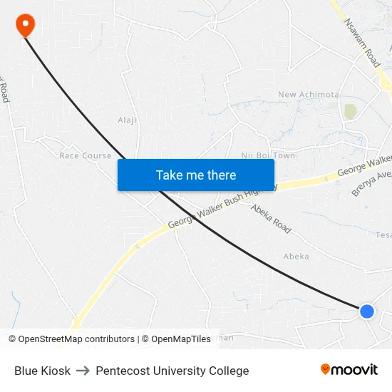 Blue Kiosk to Pentecost University College map