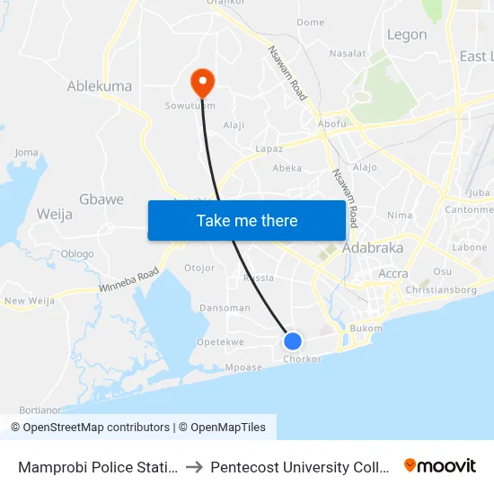 Mamprobi Police Station to Pentecost University College map