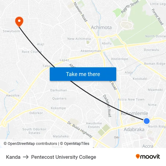 Kanda to Pentecost University College map