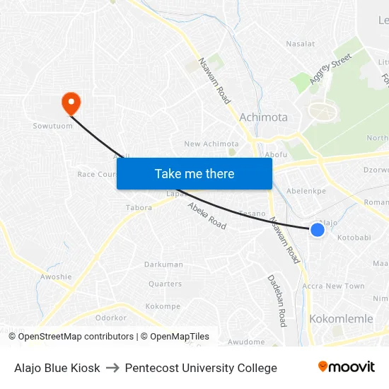 Alajo Blue Kiosk to Pentecost University College map