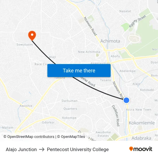 Alajo Junction to Pentecost University College map