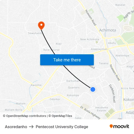 Asoredanho to Pentecost University College map
