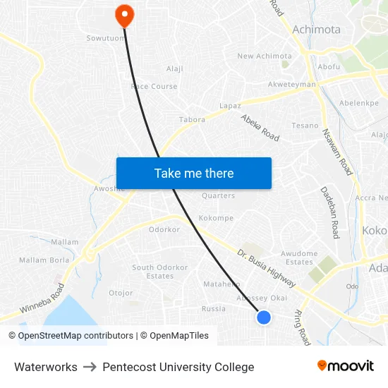 Waterworks to Pentecost University College map