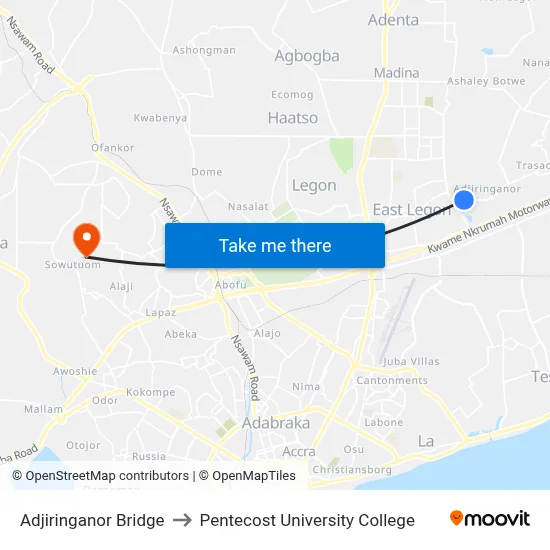 Adjiringanor Bridge to Pentecost University College map