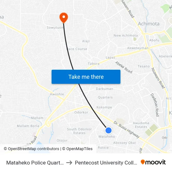 Mataheko Police Quarters to Pentecost University College map