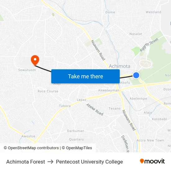 Achimota Forest to Pentecost University College map