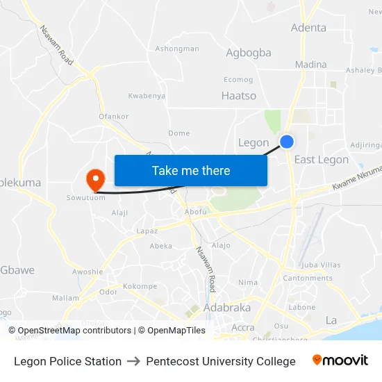 Legon Police Station to Pentecost University College map