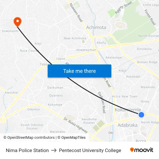 Nima Police Station to Pentecost University College map