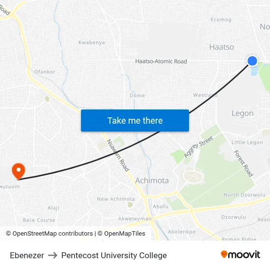 Ebenezer to Pentecost University College map