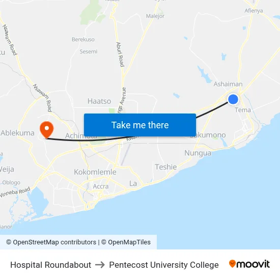Hospital Roundabout to Pentecost University College map