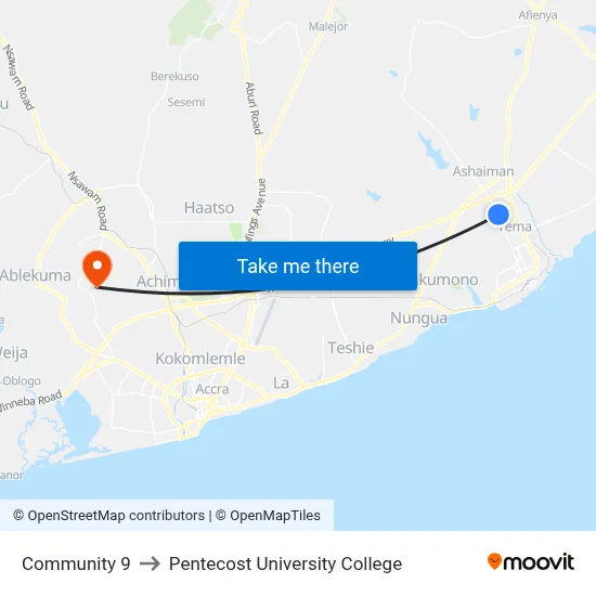 Community 9 to Pentecost University College map