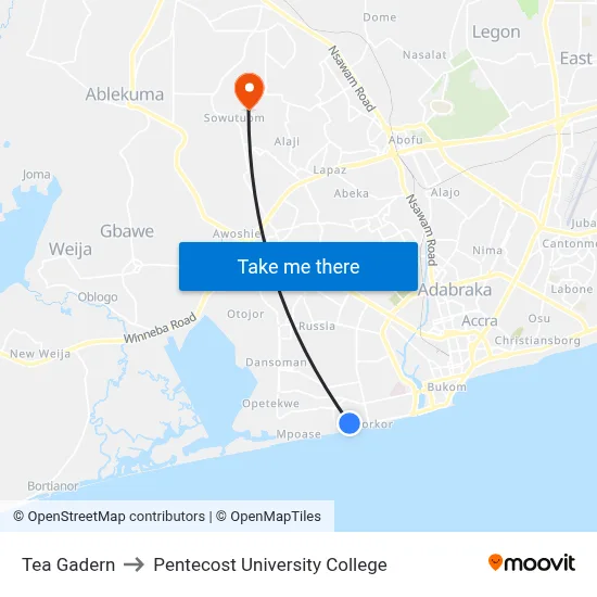 Tea Gadern to Pentecost University College map