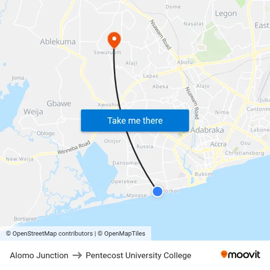 Alomo Junction to Pentecost University College map