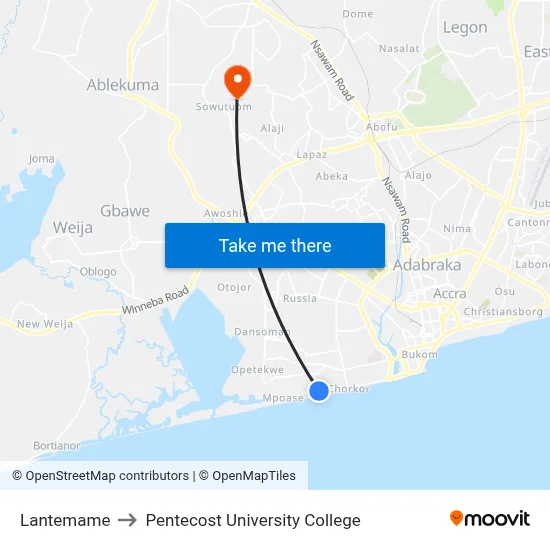 Lantemame to Pentecost University College map