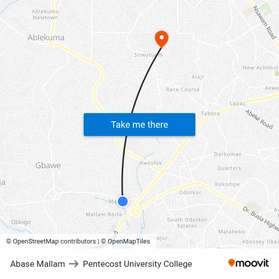 Abase Mallam to Pentecost University College map