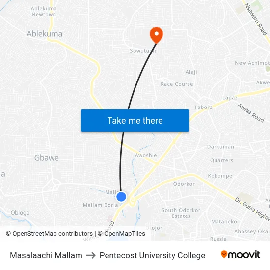 Masalaachi Mallam to Pentecost University College map