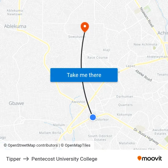 Tipper to Pentecost University College map