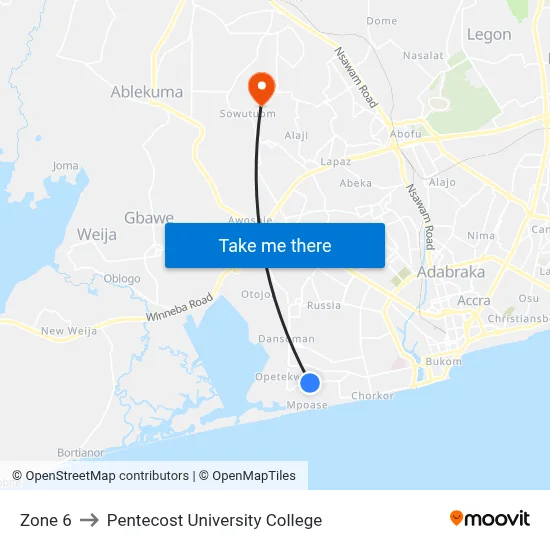 Zone 6 to Pentecost University College map