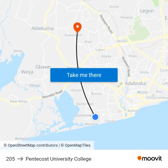205 to Pentecost University College map