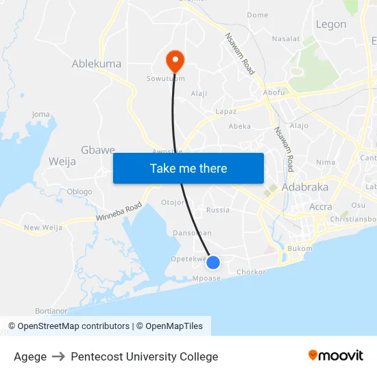 Agege to Pentecost University College map