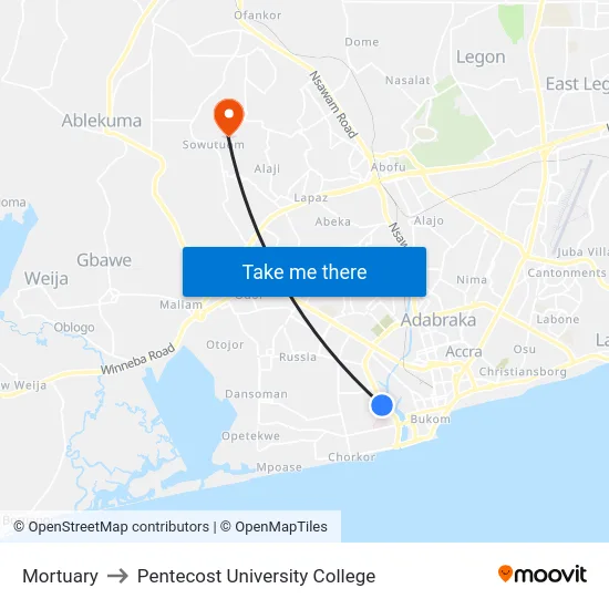 Mortuary to Pentecost University College map