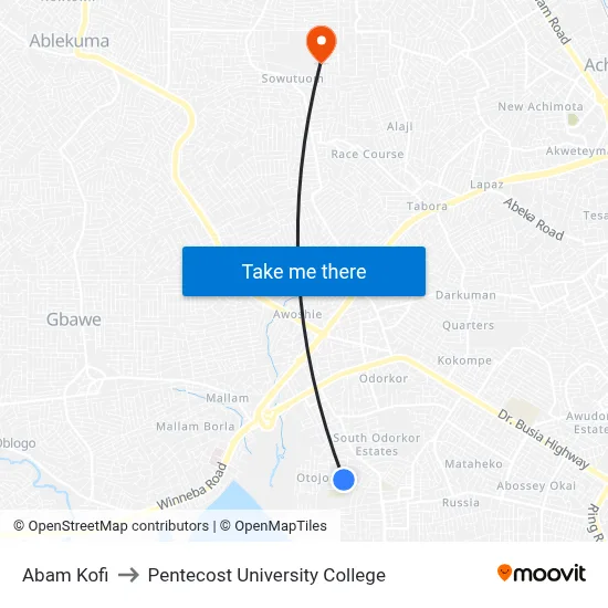 Abam Kofi to Pentecost University College map