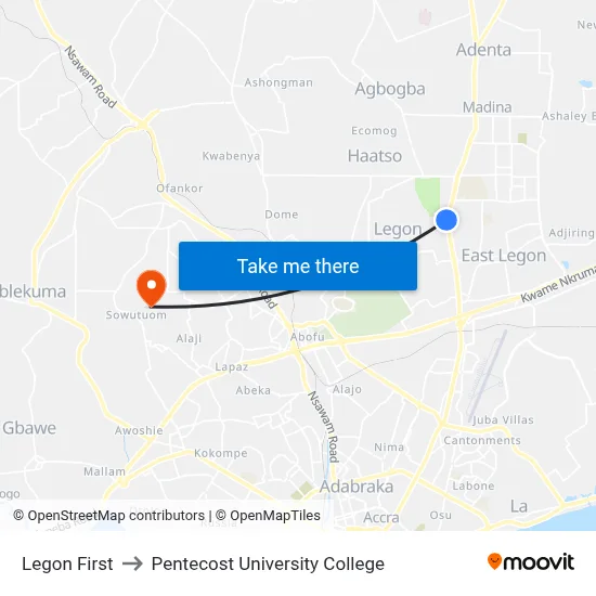 Legon First to Pentecost University College map