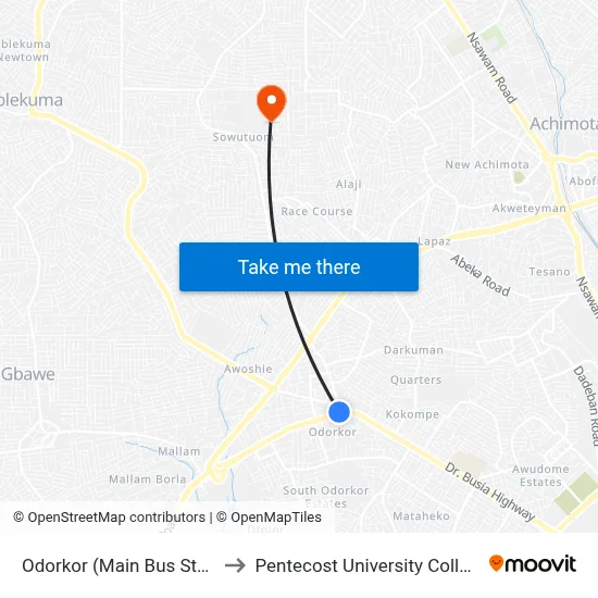 Odorkor (Main Bus Stop) to Pentecost University College map