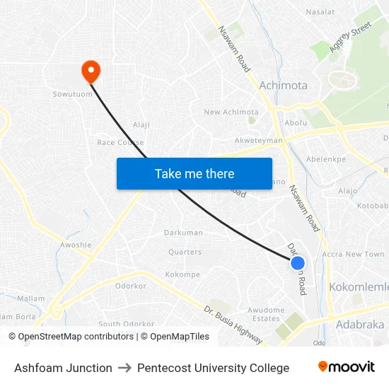 Ashfoam Junction to Pentecost University College map