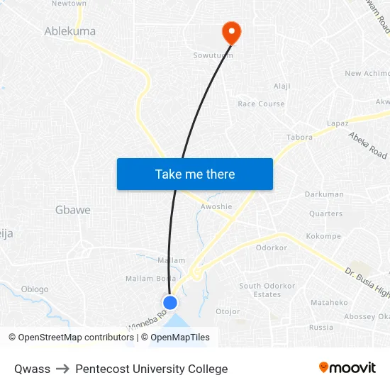 Qwass to Pentecost University College map