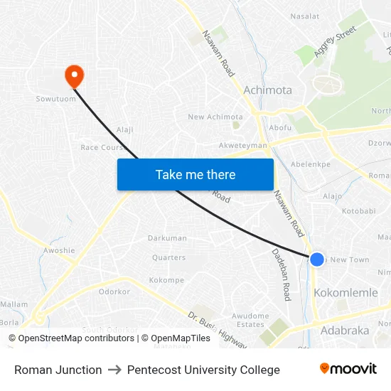 Roman Junction to Pentecost University College map