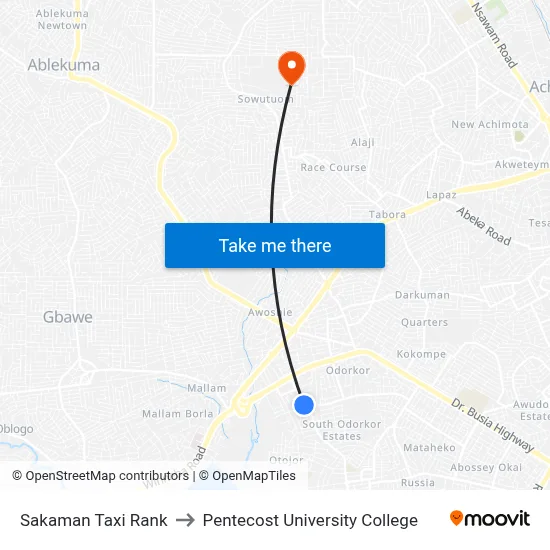 Sakaman Taxi Rank to Pentecost University College map
