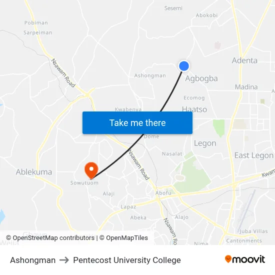 Ashongman to Pentecost University College map