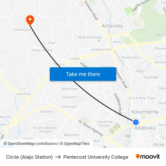 Circle (Alajo Station) to Pentecost University College map