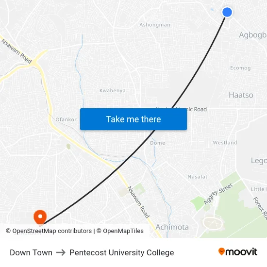 Down Town to Pentecost University College map