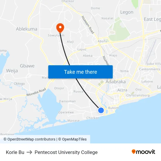 Korle Bu to Pentecost University College map