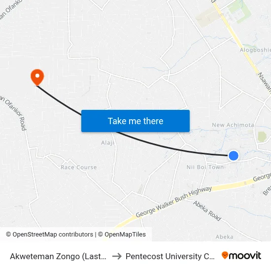 Akweteman Zongo (Last Stop) to Pentecost University College map