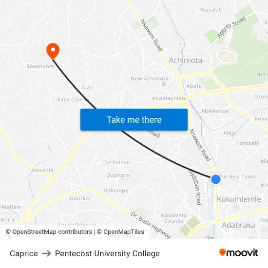 Caprice to Pentecost University College map